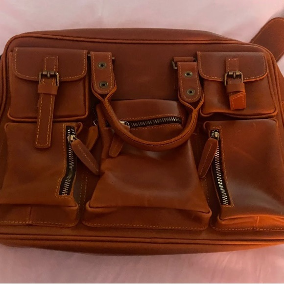 Men’s Leather Soft Brown Leather Laptop Bag with Multi-Pockets . - Picture 4 of 15